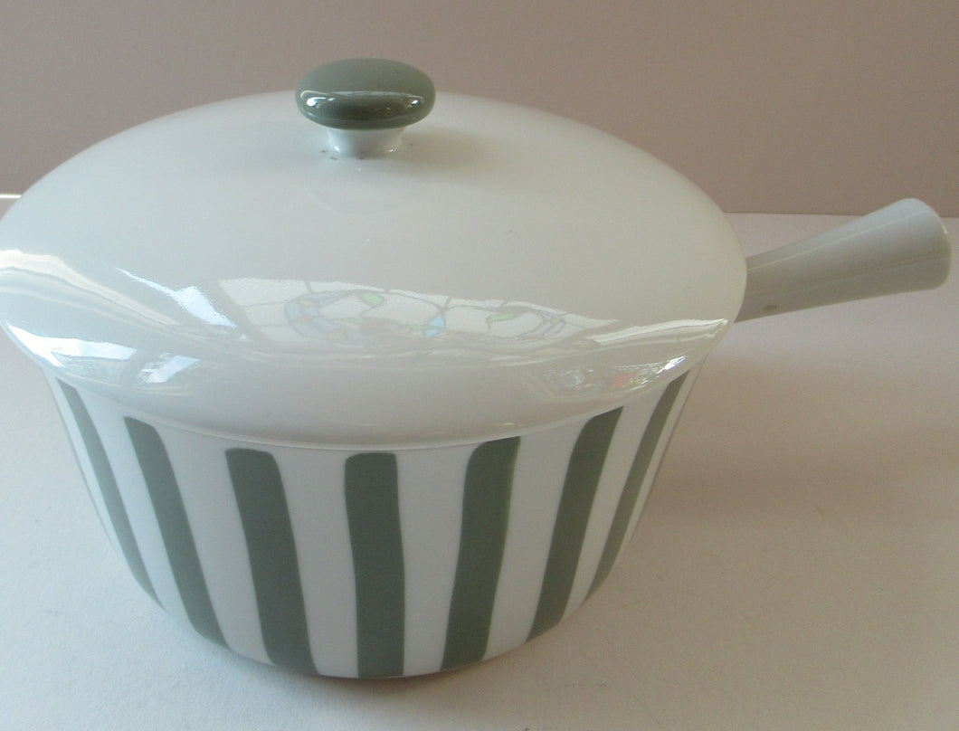 Vintage 1930s DANISH Lyngbay Porcelain Lidded Bowl with Carrying Handle and Grey Stripes