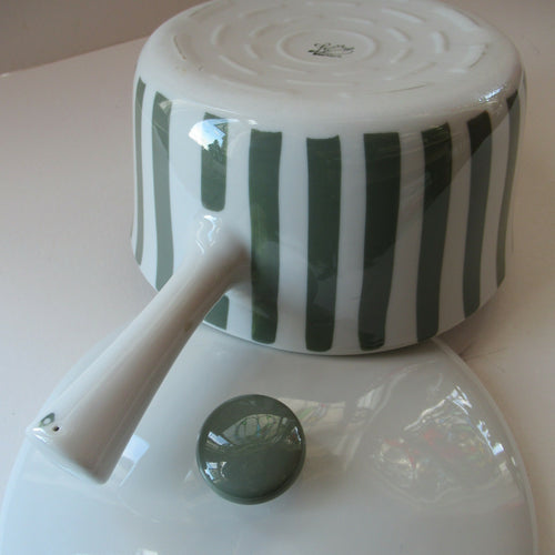 Vintage 1930s DANISH Lyngbay Porcelain Lidded Bowl with Carrying Handle and Grey Stripes
