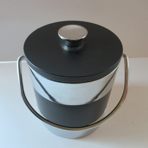 Vintage 1960s JAPANESE Silvered Metal and Black Plastic Ice Bucket with Futuristic Design 