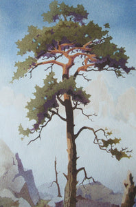 1930s COLOUR WOODCUT Entitled The Lone Pine by James Alphege Brewer