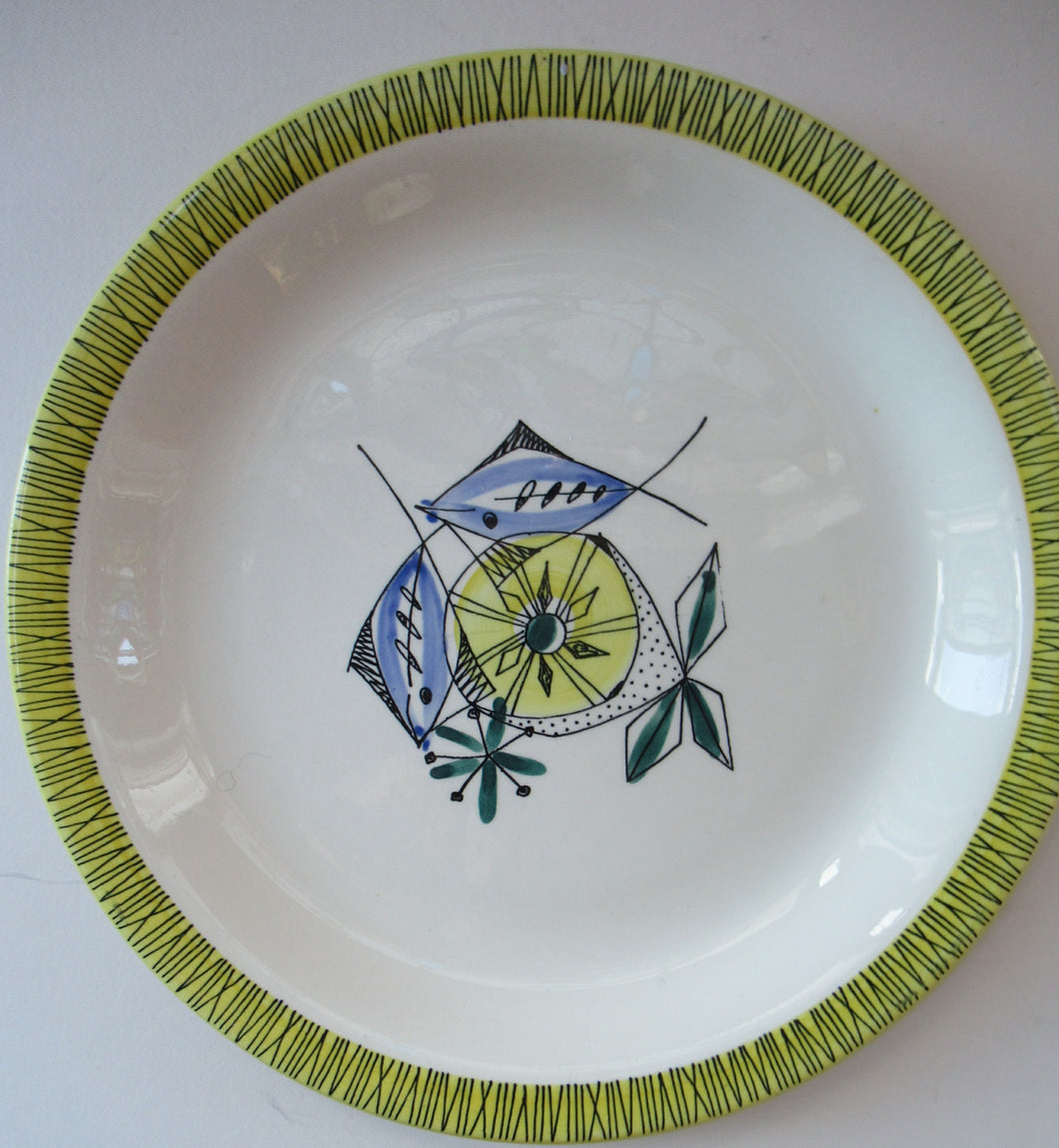 NORWEGIAN Flamingo Dinner Plates with Abstract Fish Design. 9 1/2 inches. Bamboo Pattern (Bambus) Pattern Designed by Inger Waage