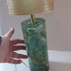 1970s Shattaline Lamp with Green Base and Beige Spun Fibre Shade