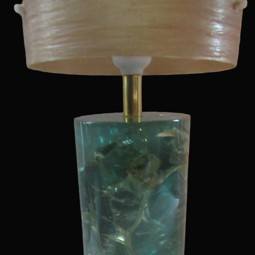 1970s Shattaline Lamp with Green Base and Beige Spun Fibre Shade