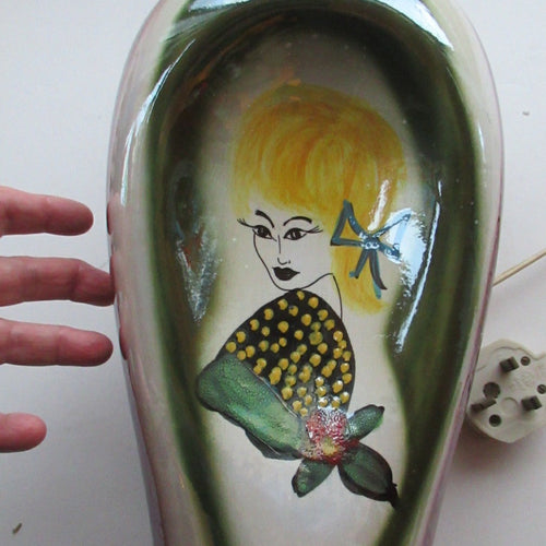 1950s Hand Painted Italian Ceramic Table Lamp. Portrait of a Glamourous Lady