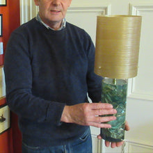 Load image into Gallery viewer, 1970s Shattaline Lamp with Green Base and Beige Spun Fibre Shade
