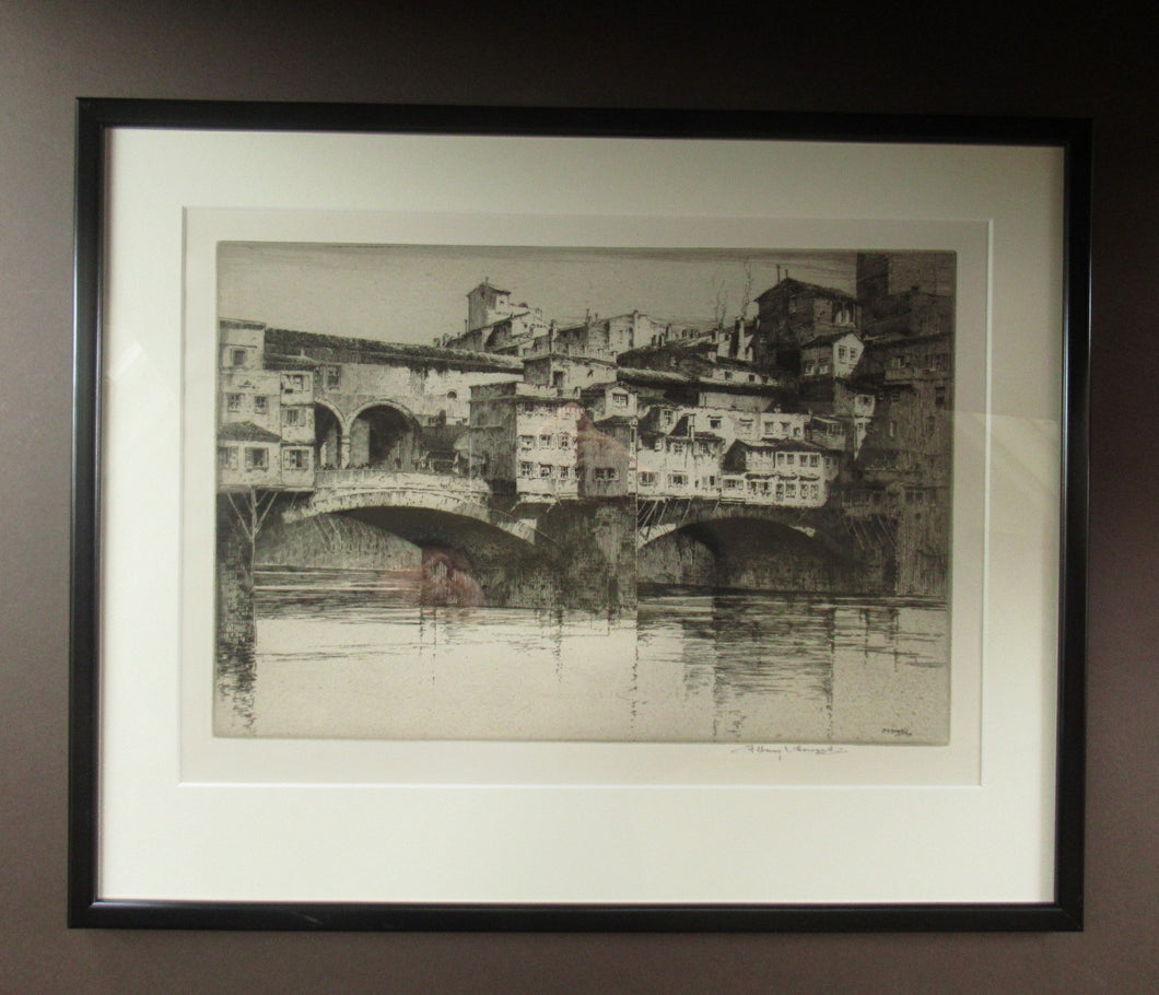 Albany E. Howarth Etching: The Ponte Vecchio,  Florence. Pencil Signed and dated in the plate 1918 FRAMED