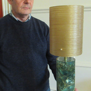 1970s Shattaline Lamp with Green Base and Beige Spun Fibre Shade