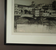 Load image into Gallery viewer, Albany E. Howarth Etching: The Ponte Vecchio,  Florence. Pencil Signed and dated in the plate 1918 FRAMED
