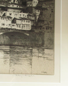 Albany E. Howarth Etching: The Ponte Vecchio,  Florence. Pencil Signed and dated in the plate 1918 FRAMED