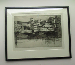 Albany E. Howarth Etching: The Ponte Vecchio,  Florence. Pencil Signed and dated in the plate 1918 FRAMED