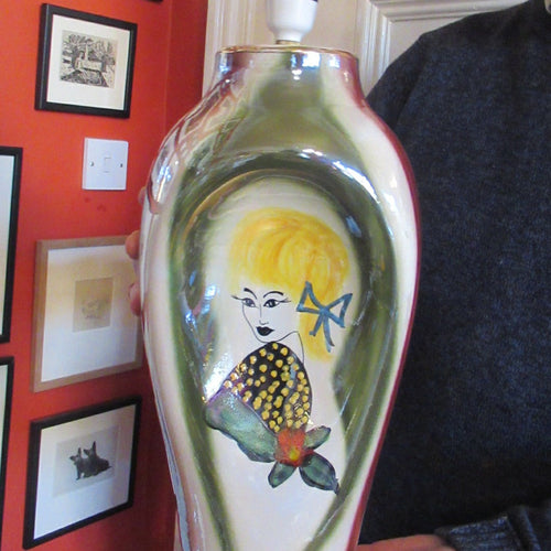 1950s Hand Painted Italian Ceramic Table Lamp. Portrait of a Glamourous Lady