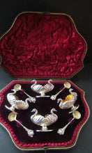 Load image into Gallery viewer, Victorian Hallmarked Silver Salt Dish and Spoons / Pin Cushions. Matching Swan Spoons In Fitted Case
