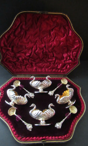 Victorian Hallmarked Silver Salt Dish and Spoons / Pin Cushions. Matching Swan Spoons In Fitted Case