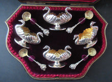 Load image into Gallery viewer, Victorian Hallmarked Silver Salt Dish and Spoons / Pin Cushions. Matching Swan Spoons In Fitted Case
