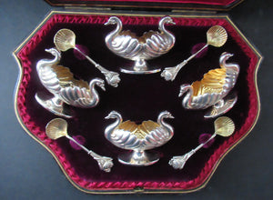 Victorian Hallmarked Silver Salt Dish and Spoons / Pin Cushions. Matching Swan Spoons In Fitted Case