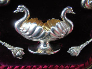 Victorian Hallmarked Silver Salt Dish and Spoons / Pin Cushions. Matching Swan Spoons In Fitted Case