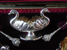 Load image into Gallery viewer, Victorian Hallmarked Silver Salt Dish and Spoons / Pin Cushions. Matching Swan Spoons In Fitted Case
