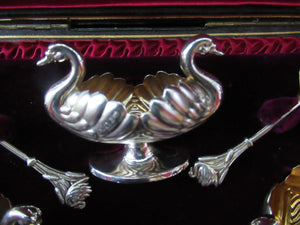 Victorian Hallmarked Silver Salt Dish and Spoons / Pin Cushions. Matching Swan Spoons In Fitted Case