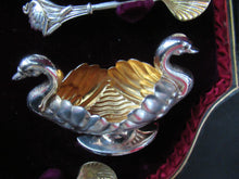 Load image into Gallery viewer, Victorian Hallmarked Silver Salt Dish and Spoons / Pin Cushions. Matching Swan Spoons In Fitted Case
