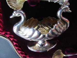 Victorian Hallmarked Silver Salt Dish and Spoons / Pin Cushions. Matching Swan Spoons In Fitted Case