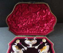 Load image into Gallery viewer, Victorian Hallmarked Silver Salt Dish and Spoons / Pin Cushions. Matching Swan Spoons In Fitted Case
