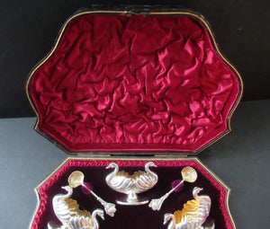 Victorian Hallmarked Silver Salt Dish and Spoons / Pin Cushions. Matching Swan Spoons In Fitted Case