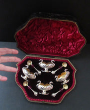Load image into Gallery viewer, Victorian Hallmarked Silver Salt Dish and Spoons / Pin Cushions. Matching Swan Spoons In Fitted Case
