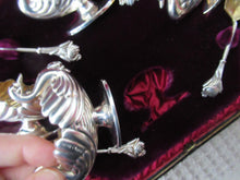 Load image into Gallery viewer, Victorian Hallmarked Silver Salt Dish and Spoons / Pin Cushions. Matching Swan Spoons In Fitted Case
