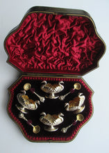 Load image into Gallery viewer, Victorian Hallmarked Silver Salt Dish and Spoons / Pin Cushions. Matching Swan Spoons In Fitted Case
