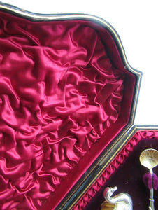 Victorian Hallmarked Silver Salt Dish and Spoons / Pin Cushions. Matching Swan Spoons In Fitted Case
