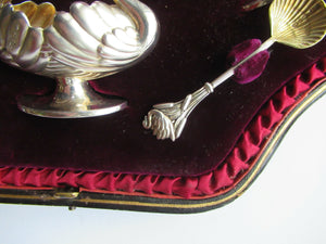 Victorian Hallmarked Silver Salt Dish and Spoons / Pin Cushions. Matching Swan Spoons In Fitted Case