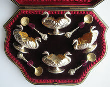 Load image into Gallery viewer, Victorian Hallmarked Silver Salt Dish and Spoons / Pin Cushions. Matching Swan Spoons In Fitted Case
