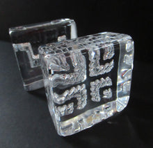 Load image into Gallery viewer, PAIR of Vintage 1970s NORWEGIAN Hadeland Clear Crystal Glass Paperweights: Abstract Viking Ship &amp; Runic Patterns

