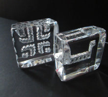 Load image into Gallery viewer, PAIR of Vintage 1970s NORWEGIAN Hadeland Clear Crystal Glass Paperweights: Abstract Viking Ship &amp; Runic Patterns
