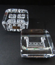 Load image into Gallery viewer, PAIR of Vintage 1970s NORWEGIAN Hadeland Clear Crystal Glass Paperweights: Abstract Viking Ship &amp; Runic Patterns
