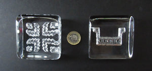 PAIR of Vintage 1970s NORWEGIAN Hadeland Clear Crystal Glass Paperweights: Abstract Viking Ship & Runic Patterns