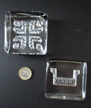 Load image into Gallery viewer, PAIR of Vintage 1970s NORWEGIAN Hadeland Clear Crystal Glass Paperweights: Abstract Viking Ship &amp; Runic Patterns
