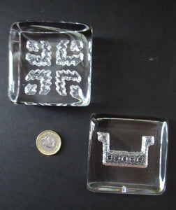 PAIR of Vintage 1970s NORWEGIAN Hadeland Clear Crystal Glass Paperweights: Abstract Viking Ship & Runic Patterns