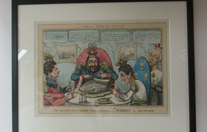Antique GEORGIAN Satirical Print: The Allied Gourmands Taking a Luncheon; or the Turkey in Danger (1828)