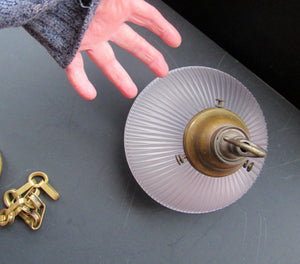 1920s GENUINE Glass Holophane Hanging Lamp Shade - complete with all original brass fittings
