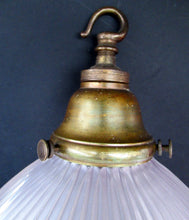 Load image into Gallery viewer, 1920s GENUINE Glass Holophane Hanging Lamp Shade - complete with all original brass fittings

