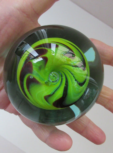 Antique Victorian Glass Dump Paperweight with Yellow Swirls