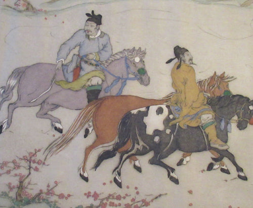 1930s Hand Coloured Etching by Elyse Lord. Chinese Warriors on Horseback