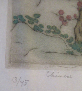1930s Hand Coloured Etching by Elyse Lord. Chinese Warriors on Horseback