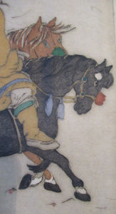 1930s Hand Coloured Etching by Elyse Lord. Chinese Warriors on Horseback