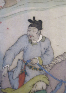 1930s Hand Coloured Etching by Elyse Lord. Chinese Warriors on Horseback