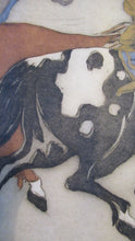 Load image into Gallery viewer, 1930s Hand Coloured Etching by Elyse Lord. Chinese Warriors on Horseback

