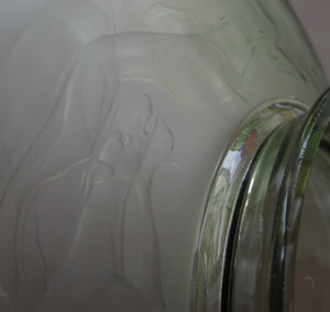 Vintage 1930s GERMAN Art Glass Bowl by Hans Jager. Pale Grey Glass with a Frosted Base Decorated with Greyhounds