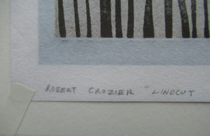 Scottish Artist Robert Crozier Linocut Conifers in a Forest Framed