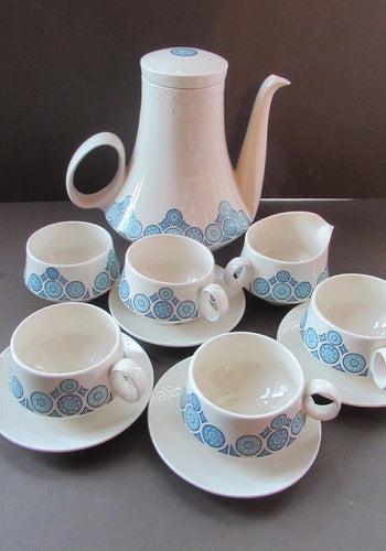 1960s Space Age Carlton Ware Coffee Set with Four Cups and Saucers. Blue and White
